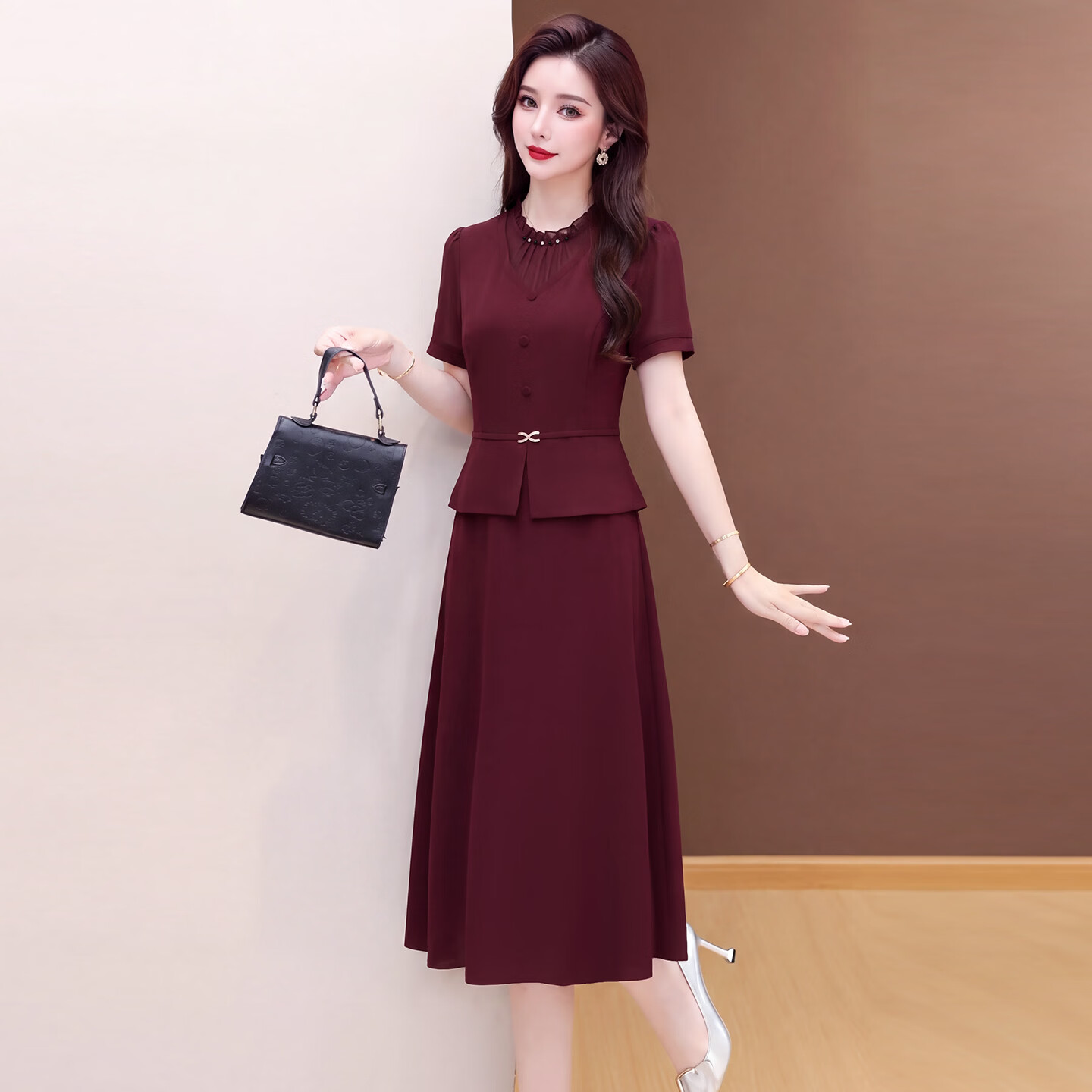 香影芬高档短袖假两件连衣裙女2026夏季新款喜婆婆妈妈婚宴礼服连衣裙 图片色 L (建议85-100斤)