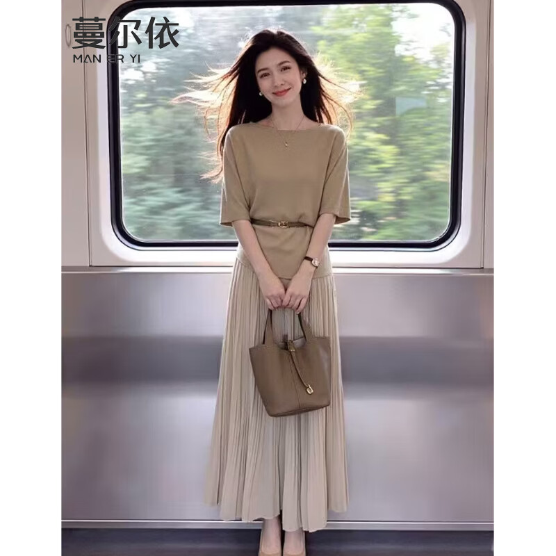 蔓尔依连衣裙女装夏季2026新款韩系气质穿搭减龄轻熟温柔小香风套装裙子 卡其上衣+半身裙（有配腰带） L
