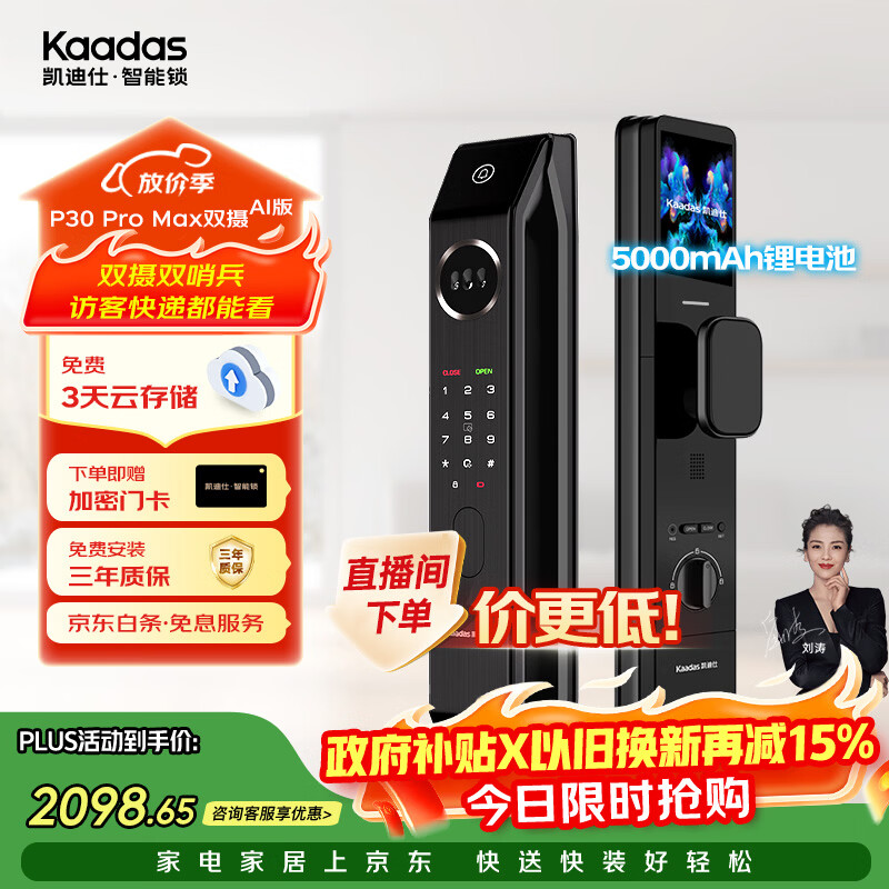 凯迪仕（KAADAS）智能门锁 双摄人脸识别可视猫眼大屏指纹锁 P30 Pro Max双摄AI版