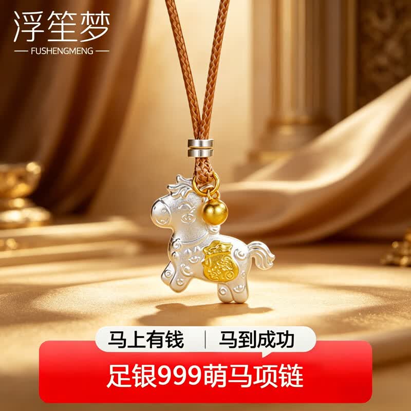 浮笙梦足银999描金小马项链马年本命年可爱萌马吊坠520礼物送女友老婆 萌马项链【马上暴富】 克重约12.2g(含绳1.6g)