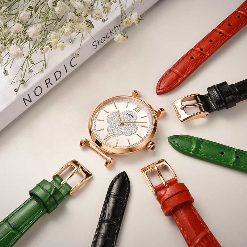 爱沃驰瑞士幸运草系列时尚防水石英手表女士表七夕生日礼物送女友 胭脂红竹纹皮|电池寿命约5年