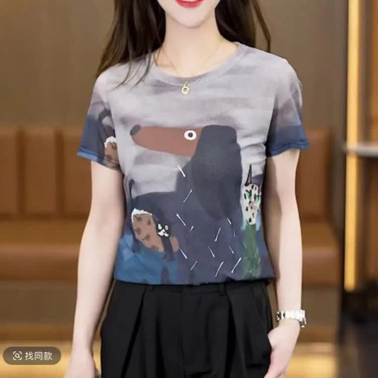 【欧式轻奢】圆领短袖T恤女气质百搭印花网纱弹力修身高级感小衫 图片色 2XL （建议105-120斤）
