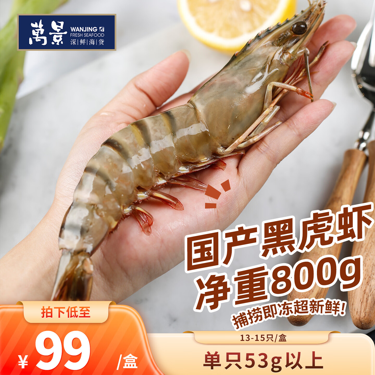 万景活冻国产黑虎虾（特大号）单冻 净重800g/盒13-15只 聚餐
