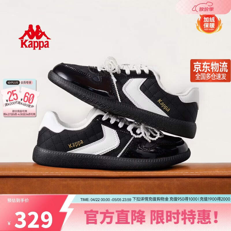 卡帕（Kappa）女鞋加绒板鞋子女冬季新款棉鞋女厚底德训鞋休闲运动鞋女 黑色38