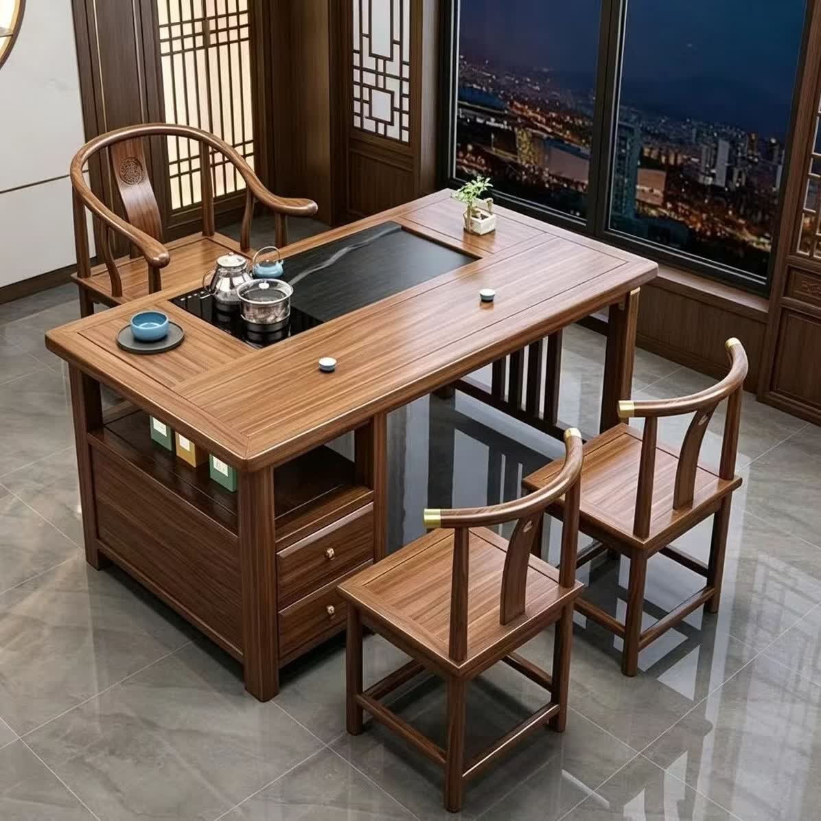 沐含玥阳台茶桌椅组合新中式实木功夫茶几烧水壶一体小型客厅家用泡茶台