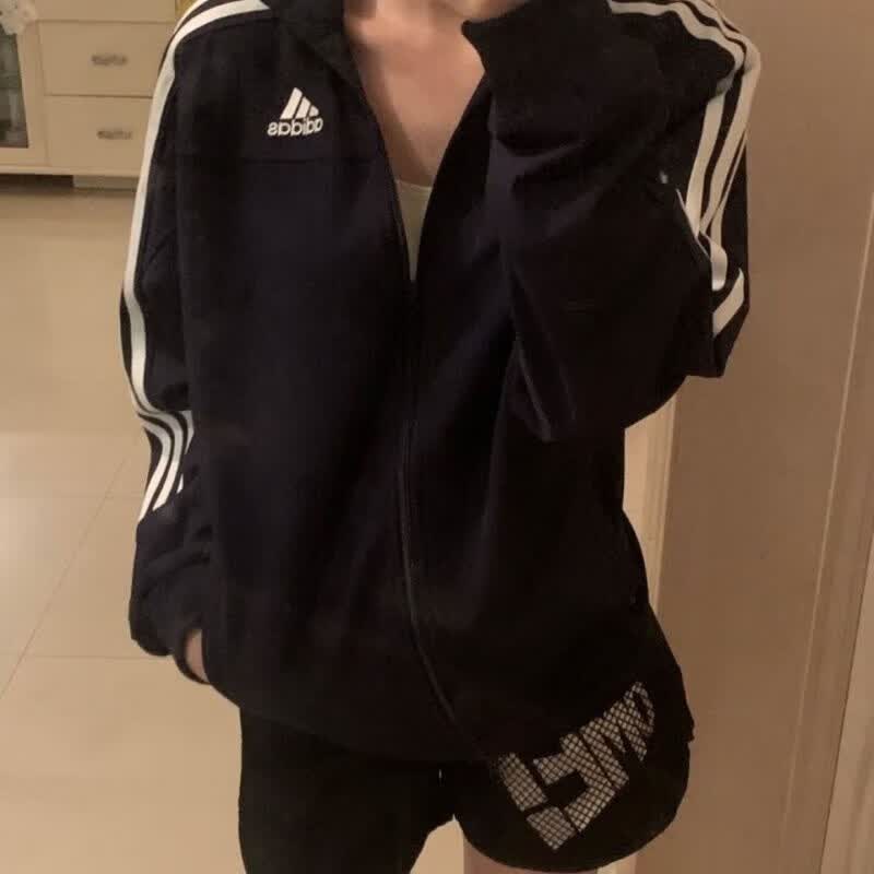 阿迪达斯（adidas）三叶草QQ糖外套纯棉刺绣经典三条明星同款男女学生春秋季运动夹克 阿迪达斯藏青色刺绣款 2XL 建议180-185CM 160-180斤