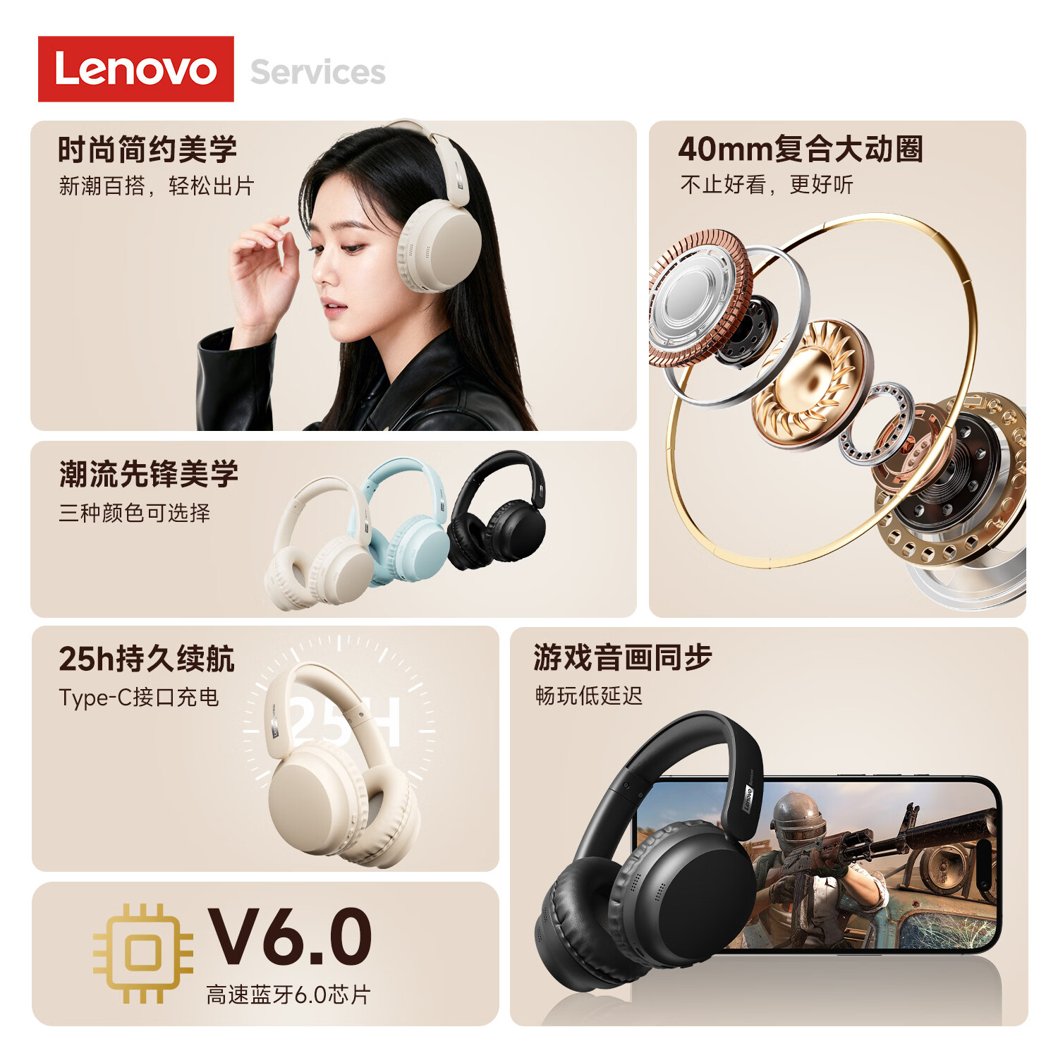 联想（Lenovo）【新款旗舰】头戴式蓝牙耳机蓝牙6.0真无线智能通话降噪柔软舒适耳罩音乐电竞游戏低延迟带麦 肤感米【升级ENC通话降噪+轻量化设计】 360°全景空间音效-空气感舒适佩戴
