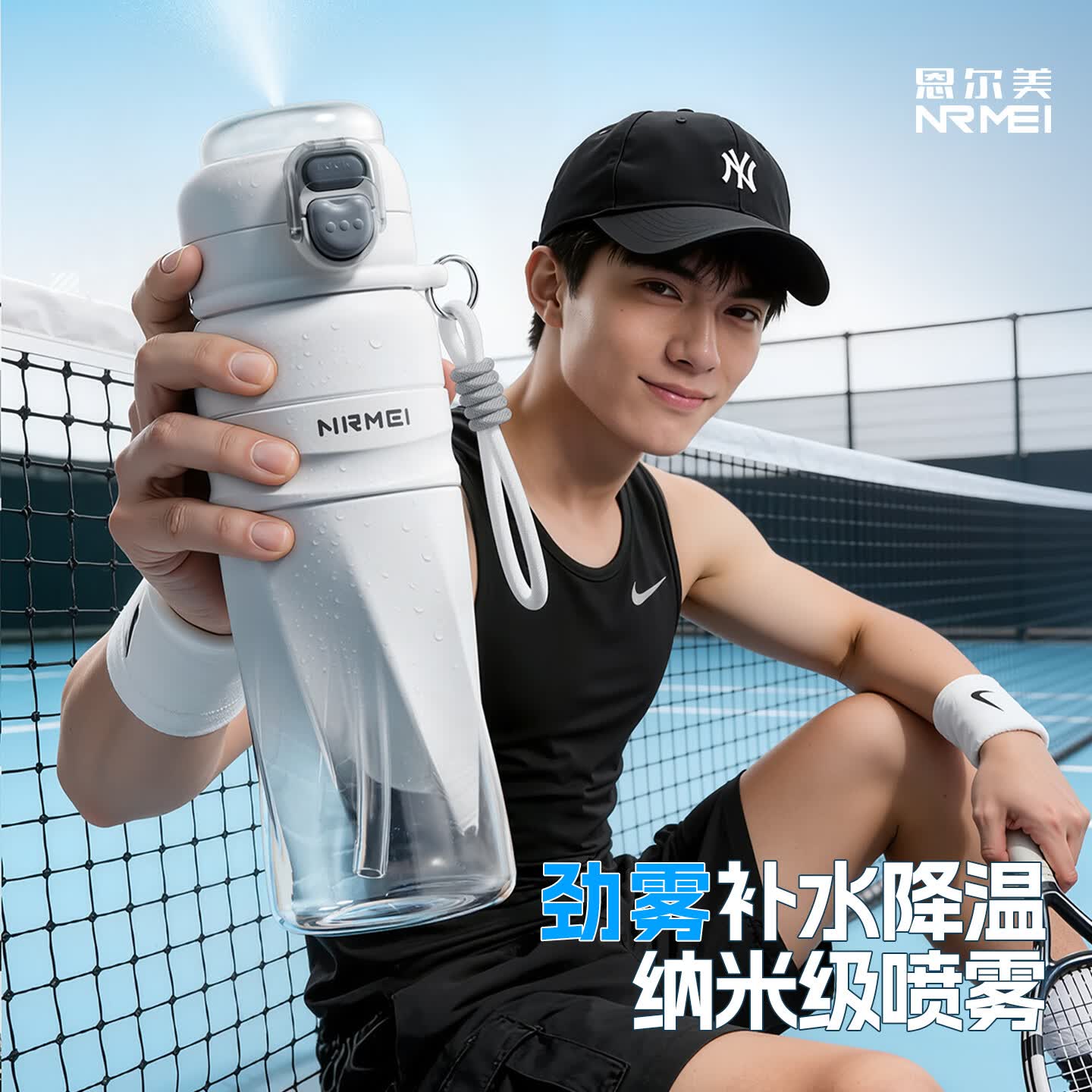 恩尔美（nRMEi）喷雾水杯大容量学生上学专用运动水杯户外夏季骑行杯tritan水杯 【细腻喷雾/白色】1000毫升