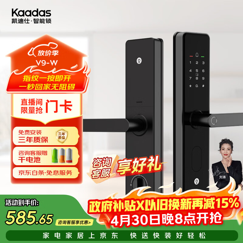 凯迪仕（KAADAS）智能门锁 指纹识别 防盗门锁密码锁 入户门电子智能锁 V9-W
