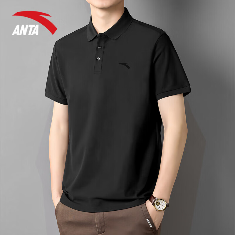 安踏(ANTA)速干冰丝polo衫短袖男2026夏季新款半袖男士t恤运动高端男装衣服 基础黑(冰丝速干/三纽扣) S /165(90-100斤)