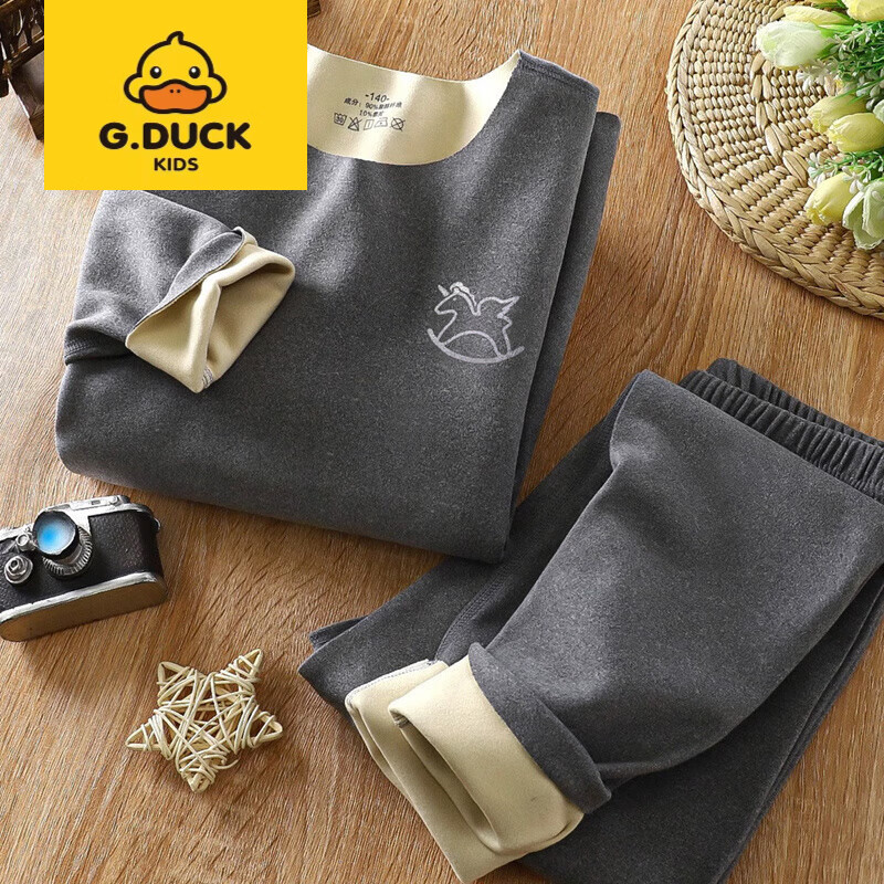 G.duck儿童德绒保暖内衣冬宝宝男童女童秋衣秋裤套装中大童学生保暖套装 灰色 【保暖速热】 100 CM (适合身高80-90CM)