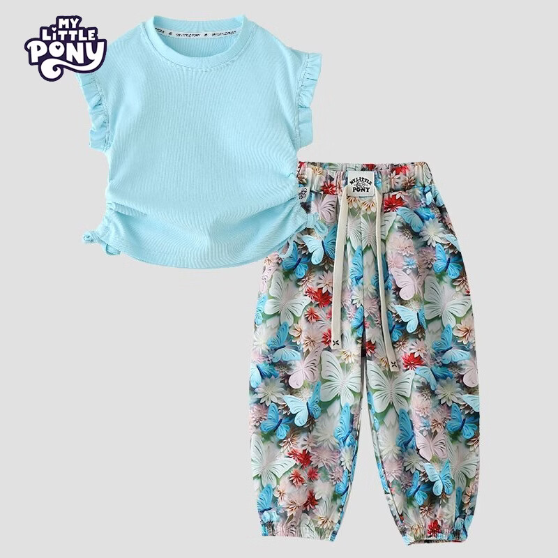 小马宝莉(MY LITTLE PONY)女童夏季韩版网红炸街套装中大儿童新款上衣防蚊裤两件套 清新蓝套装XMBL15 150 建议140-150cm