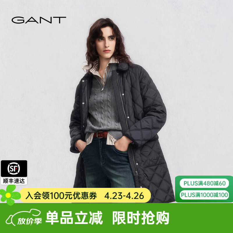 GANT/甘特25秋季新款女士轻薄中长款棉服撞色翻领易打理御寒外套 500-黑色 M