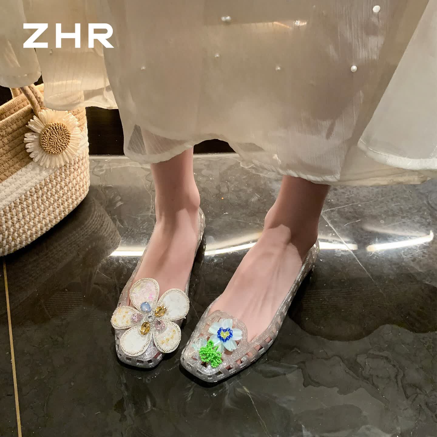 ZHR则则水晶女鞋夏季新款镂空透气百搭凉鞋软底果冻洞洞鞋 DF225银色36