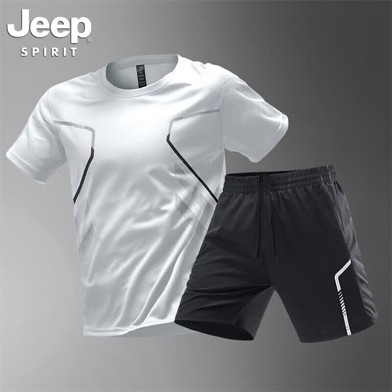 JEEP SPIRIT吉普运动套装男士夏冰丝速干衣健身t恤跑步短袖短裤羽毛球训练服 白色 4XL（建议体重155-170斤） 京东折扣/优惠券