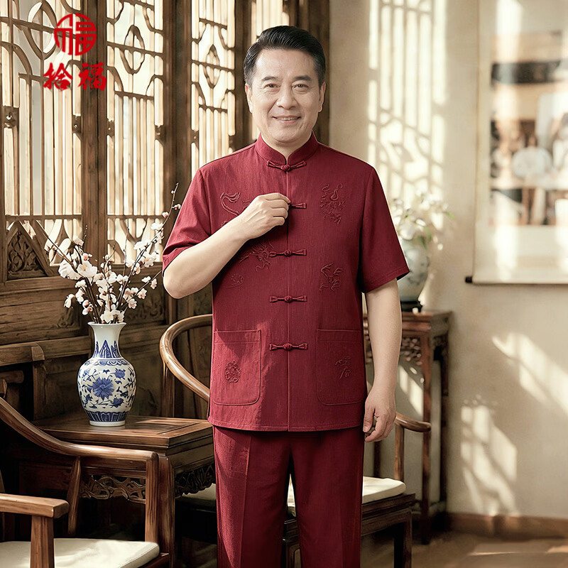 拾福唐装男中老年套装爸爸夏装短袖中国风男装老年人简约休闲衣服爷爷 深灰色 4XL （190-205斤）