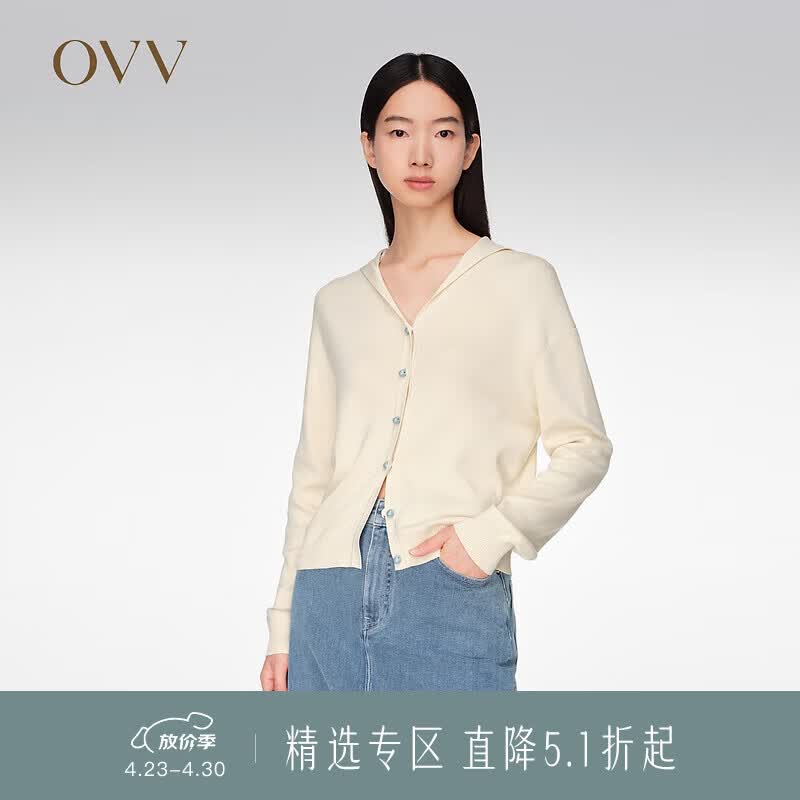 OVVOVV春夏热卖女装丝棉混纺简约舒适海军领长袖针织外套 米黄（净色）05 M