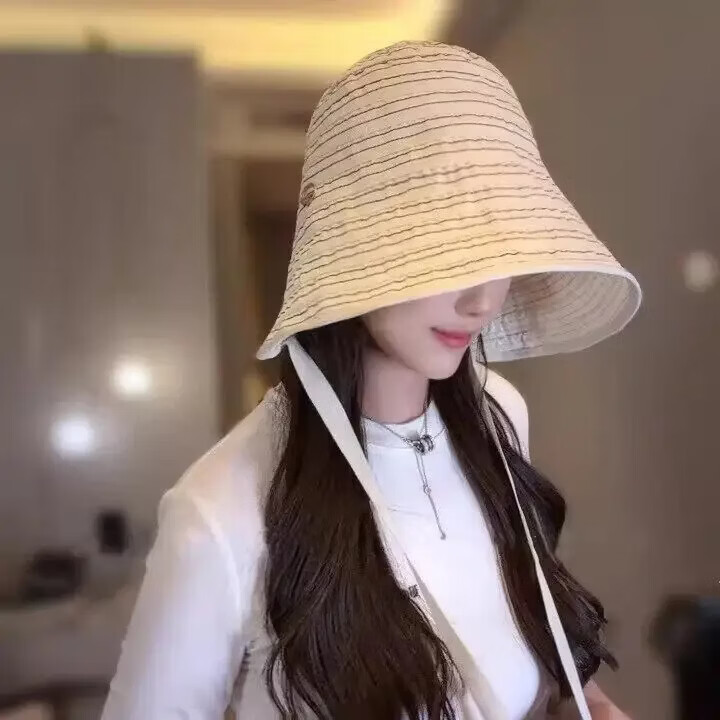 【夏季上新 女神同款】26年新款条纹防晒遮阳帽防风户外时尚 奶油米（条纹系带款） 【均码可调节】无头围限制