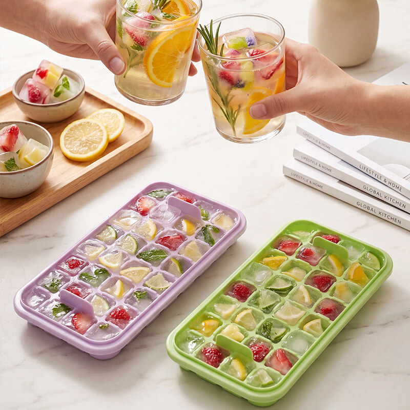 妙洁（MIAOJIE）冰格制冰盒冰块模具按压取冰神器食品级自制制冰盒家用冰箱储存盒 【送冰铲】香芋紫色+单层32格 制冰套装