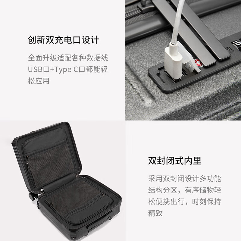 Walker Shop品牌高端行李箱多功能前开盖18寸轻便耐用登机箱拉杆箱旅行箱 灰色升级款 18英寸 【明日达/可登机】