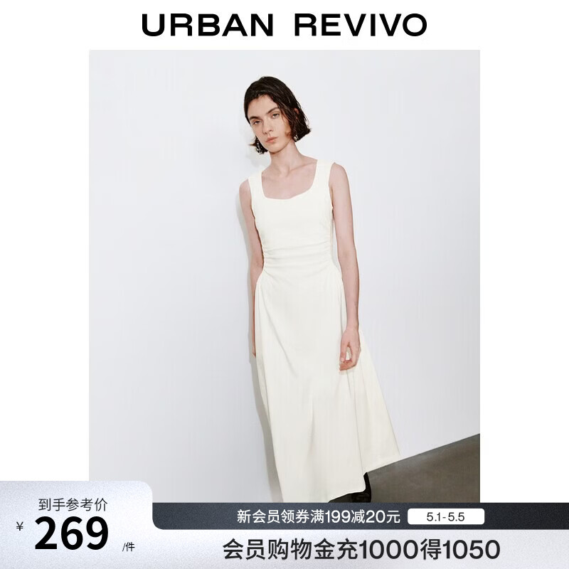UR2026夏季新款女装气质复古U型领褶皱收腰连衣裙UWM760056 本白（偏小建议拍大一码） M