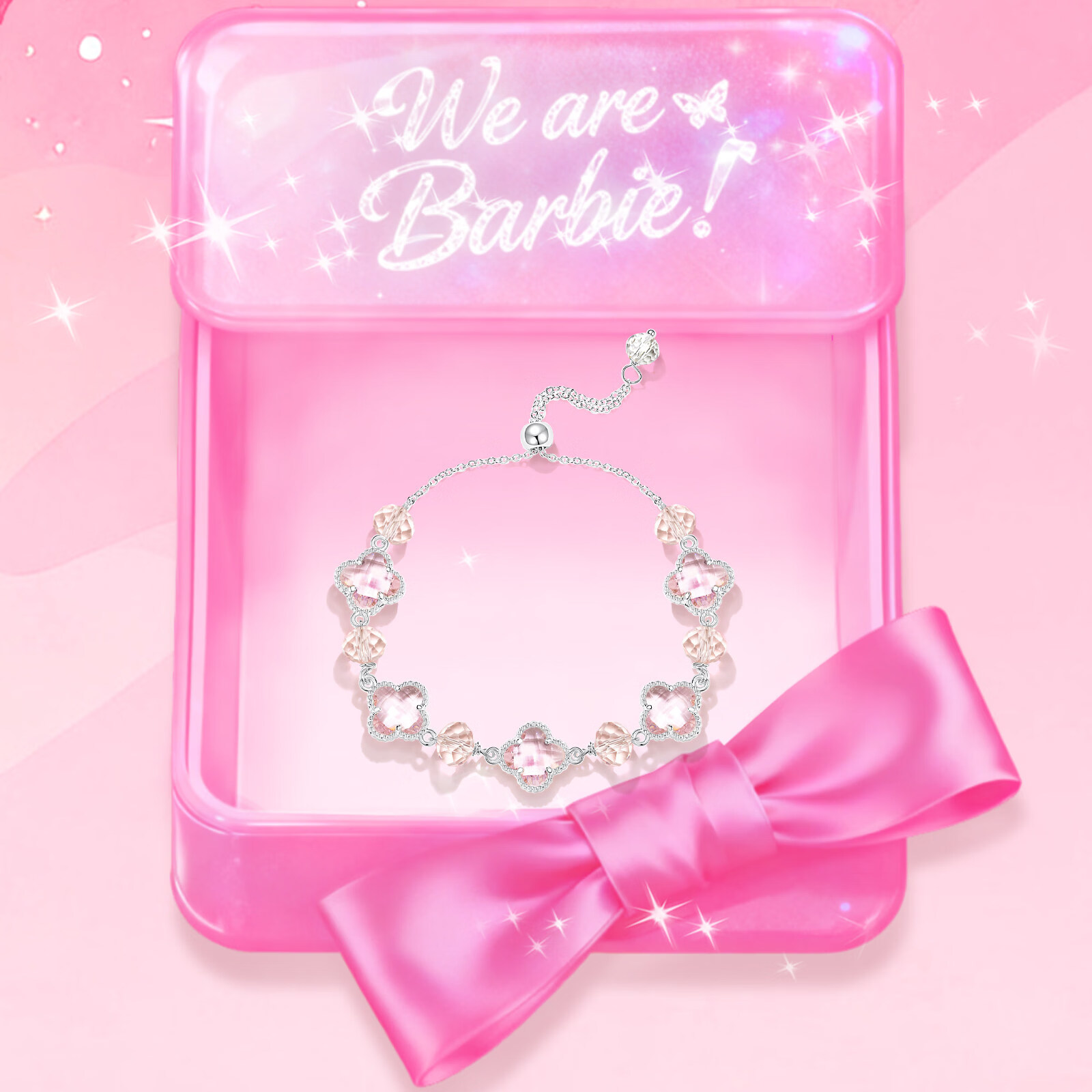 芭比(Barbie)【采用施华洛世奇元素水晶】九紫离火粉晶四叶草手链女生日礼物 粉五花