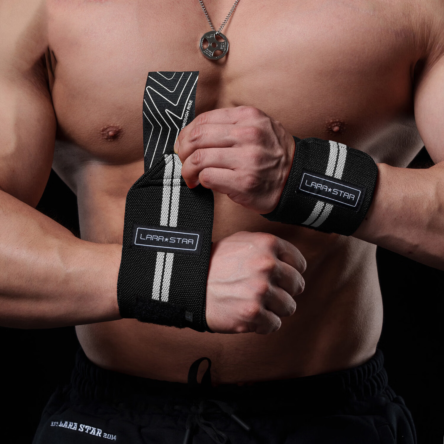 劳拉之星0622健身护腕男绷带加压护手腕疼扭伤女运动卧推助力带 【基础款/偏软】黑灰/长50CM 均码(两只装)