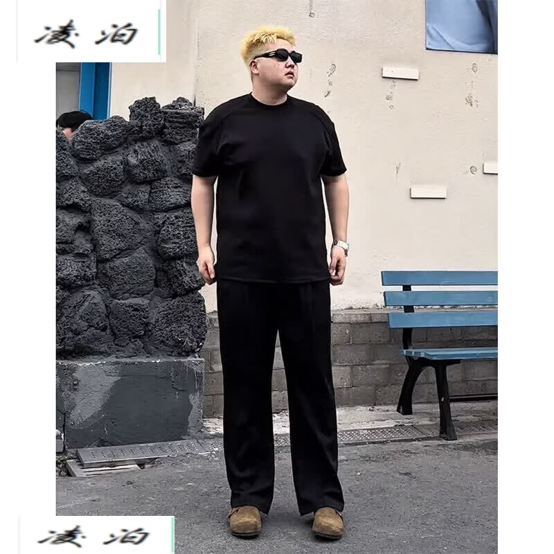 凌泊胖子大码夏季冰丝西裤男款直筒显瘦提档弯刀裤美式修身微喇西装裤 黑色【面料升级款】 5XL