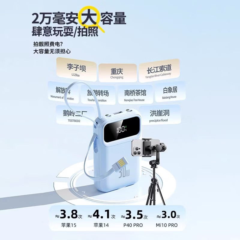 斯沃度直营【国家3C认证】【新国标丨可上飞机高铁】超级快充自带线充电宝小巧移动电源适用苹果小米华为 经典黑【尊享版】超级快充提速999%