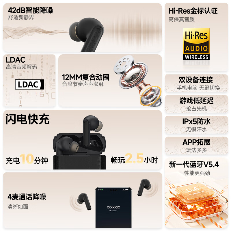 BarbetSound A75 Pro 真无线蓝牙耳机 42dB主动降噪耳机金标认证 40小时长续航蓝牙5.4入耳式适用小米华为手机 黑色