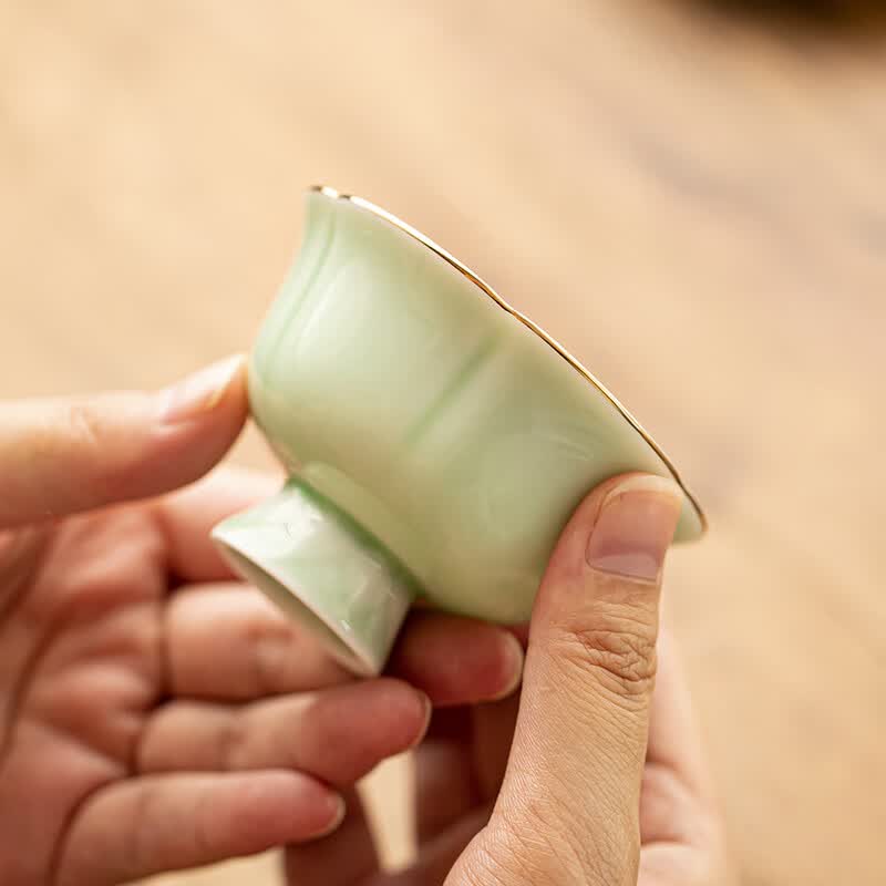 MQV陶瓷高足中式复古风白酒酒盅烈酒家用一口杯黄酒米酒酒盏大号酒杯 花瓣高足杯天青带金边