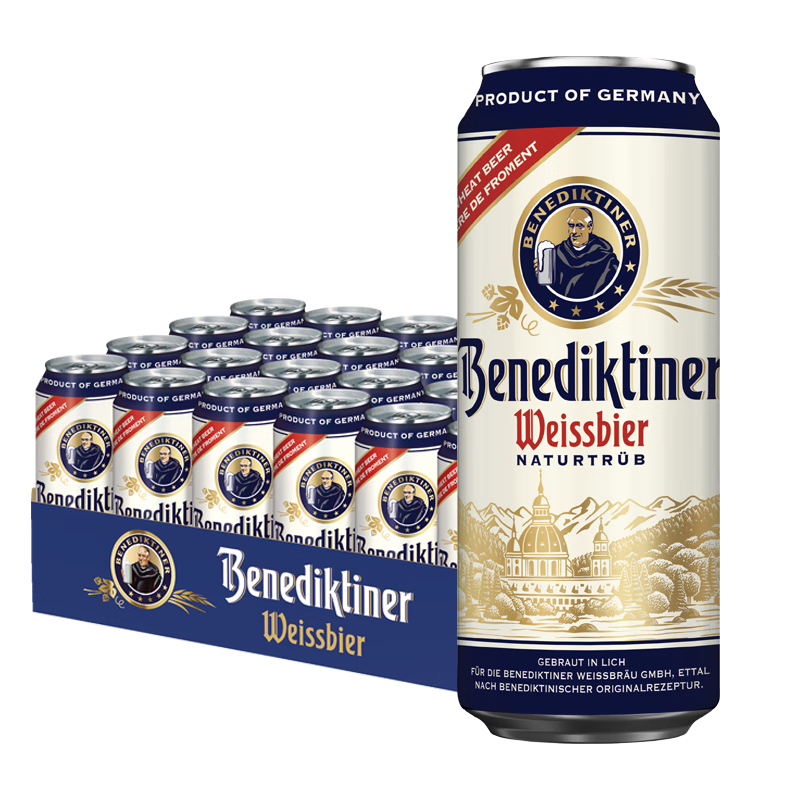 百帝王（Benediktiner）小麦白啤酒 修道院经典 500ml*24听 整箱装 德国原装 年货送礼 153元