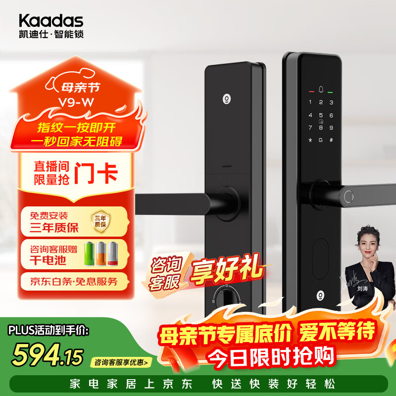 凯迪仕（KAADAS）智能门锁 指纹识别 防盗门锁密码锁 入户门电子智能锁 V9-W