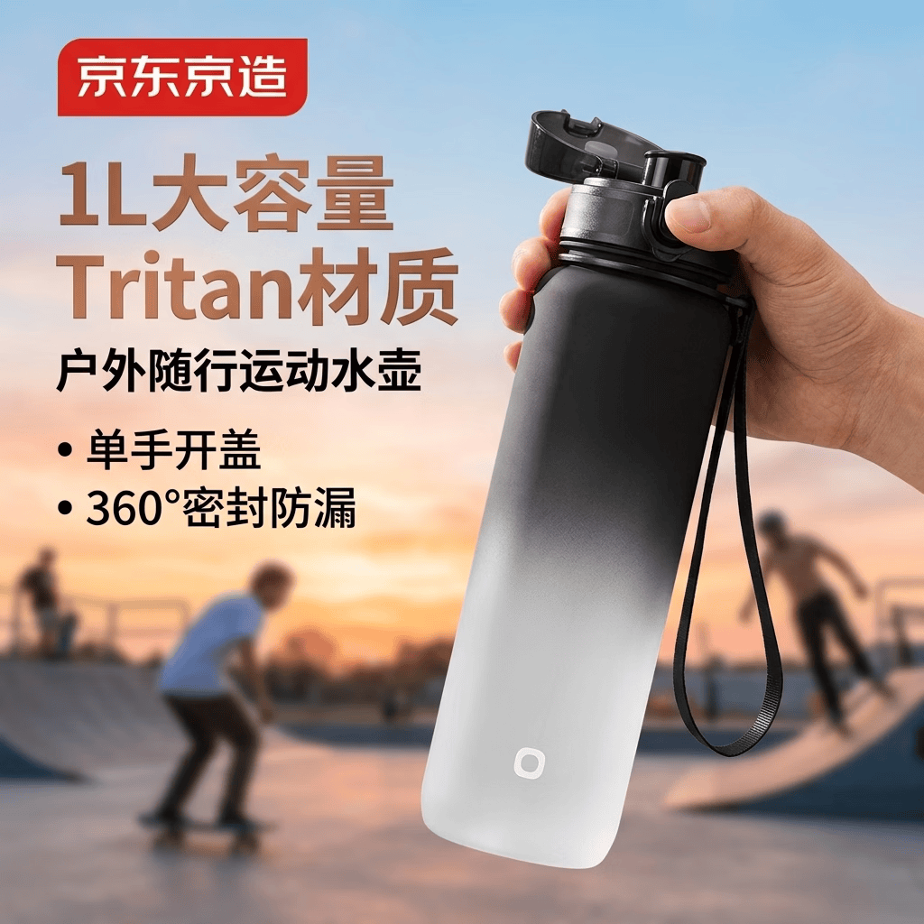 京东京造运动水杯  tritan水杯运动水壶大容量外出方便携带 黑白渐变1L