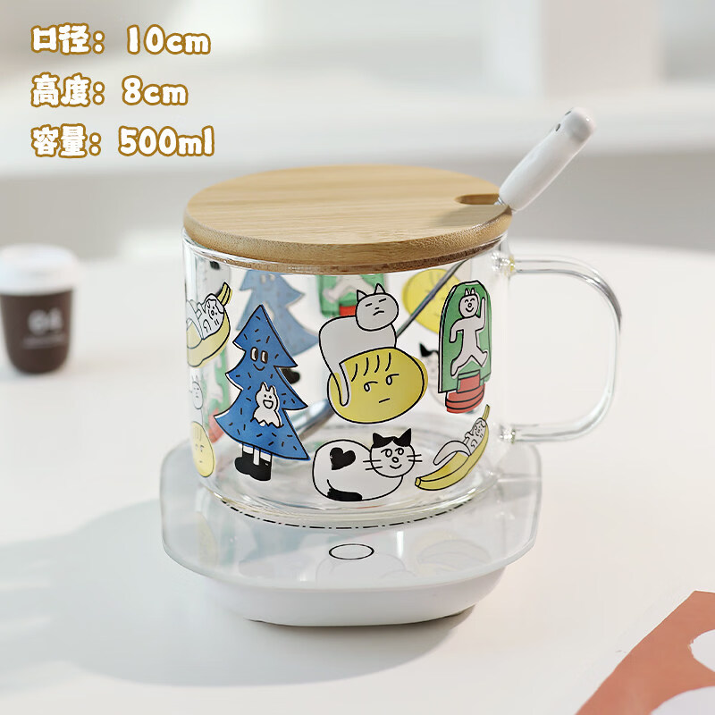 咏幻新款耐高温玻璃杯家用泡茶杯带盖带勺果汁豆浆杯把手喝水杯 涂鸦猫猫爪勺套装+恒温垫