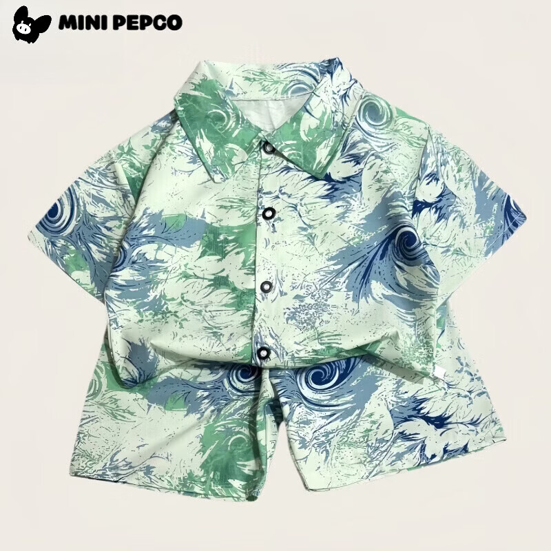 小猪班纳(PEPCO)儿童套装新款韩版短袖短裤衬衫两件套海滩 衬衣套装青绿旋风 120 cm