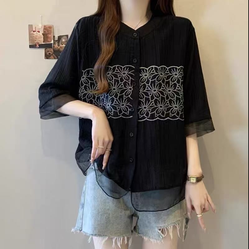 大码胖mm刺绣衬衫女夏装新款韩版宽松显瘦重工设计感短袖衬衣上衣 黑色 2XL 【建议130-150斤】
