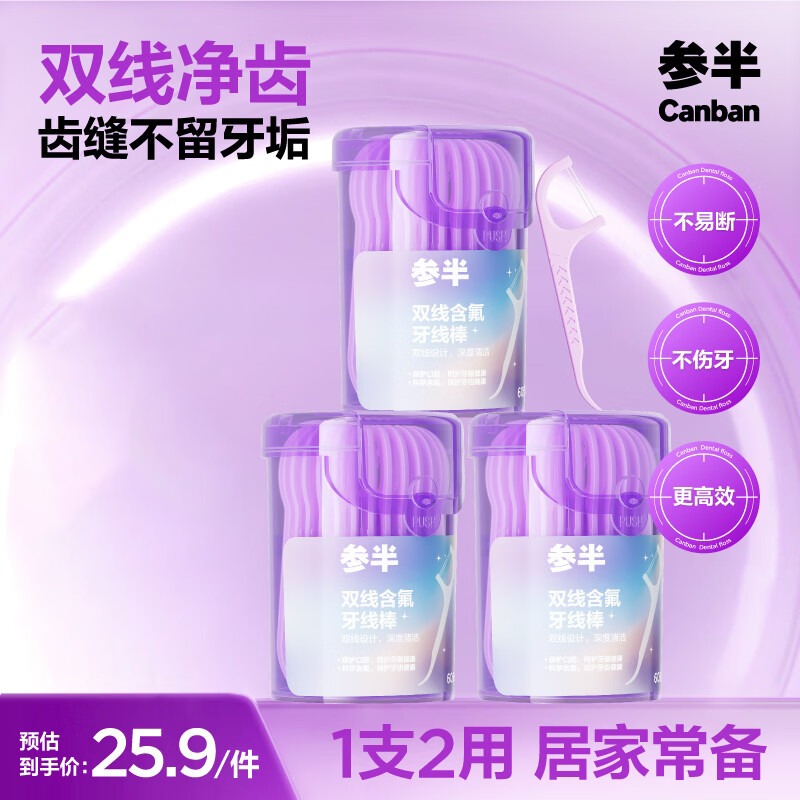 参半高韧双线牙线棒清洁剔牙签便携超细家庭装一次性牙线葡萄味 双线含氟牙线 60支 3盒 原味