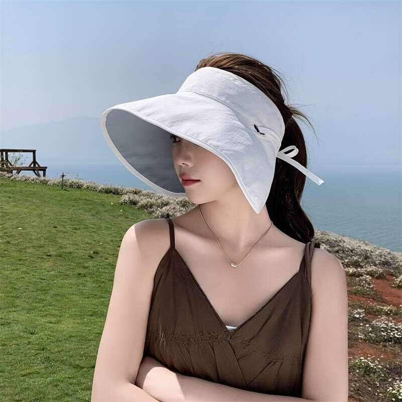 有只绵夏新款帽女显脸小户外防晒遮阳帽韩版百搭遮脸双面太阳帽子 卡其色 穿绳双面空顶 头围56-58cm-帽檐长12CM
