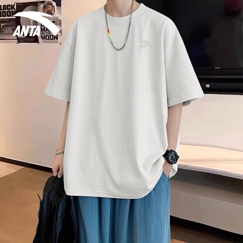 安踏(ANTA)短袖男t恤2026夏季新款纯棉透气圆领宽松潮流简约休闲运动上衣 原木色(92%棉) 2XL /185(160-180斤)
