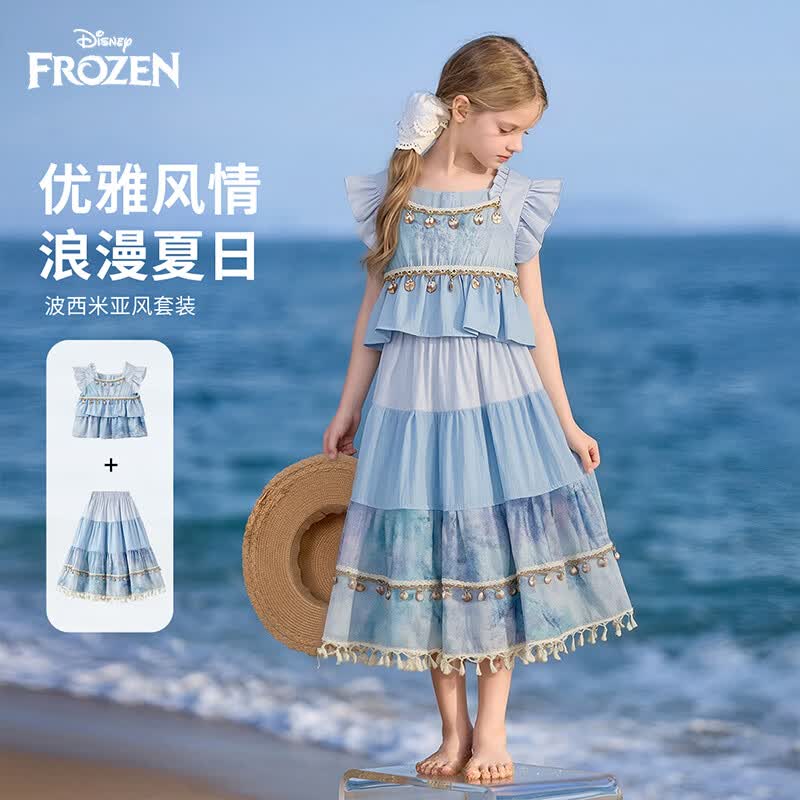 迪士尼（Disney）女童套装2026夏季新款中大童女孩艾莎公主娃娃领衬衫阔腿裤两件套 蓝色 【035】 140 【身高约135-145cm体重60-70斤】