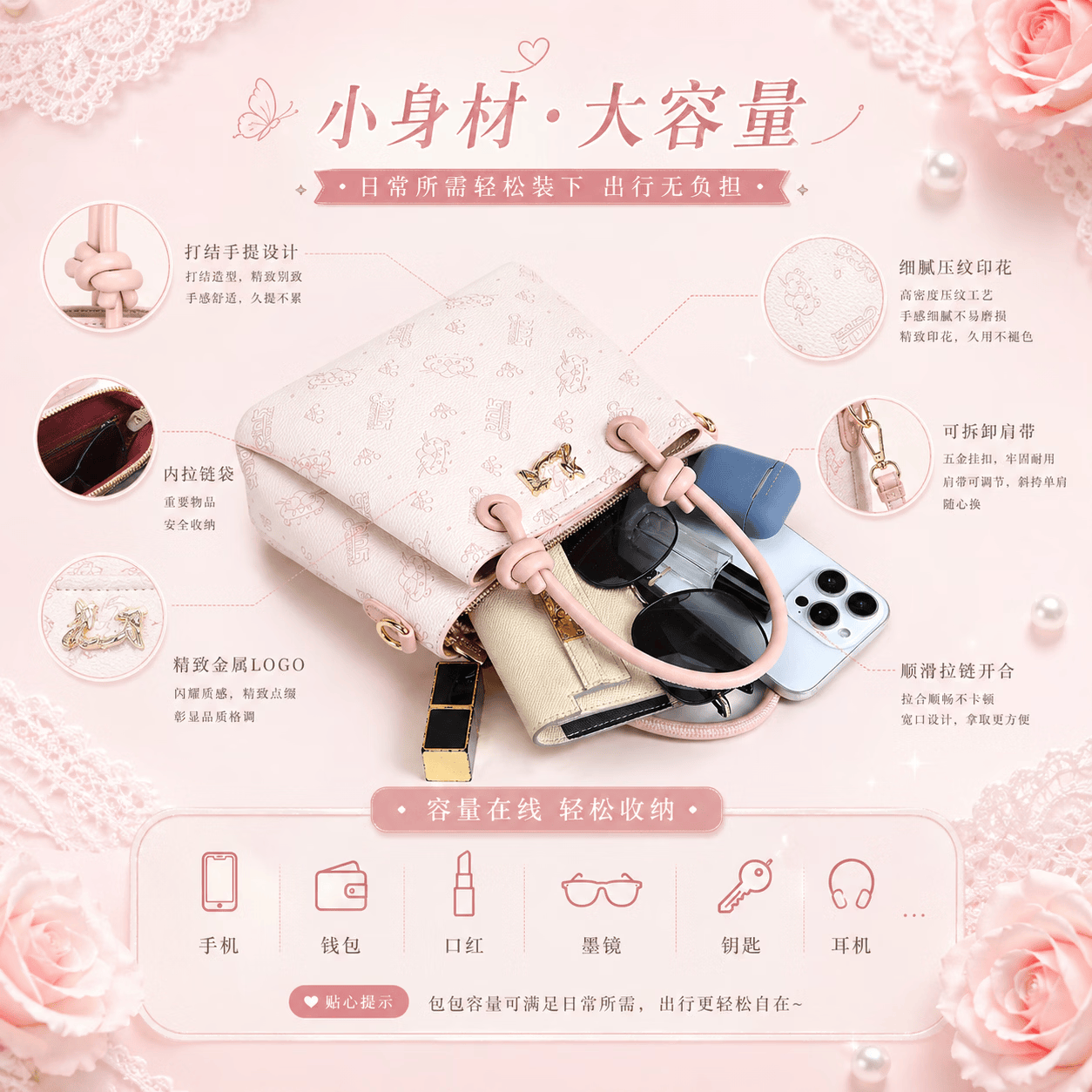 AFGH×粉红豹【联名款】可爱甜美高颜值斜挎包女生校园通勤单肩手提包 樱花粉【赠挂件+礼盒】