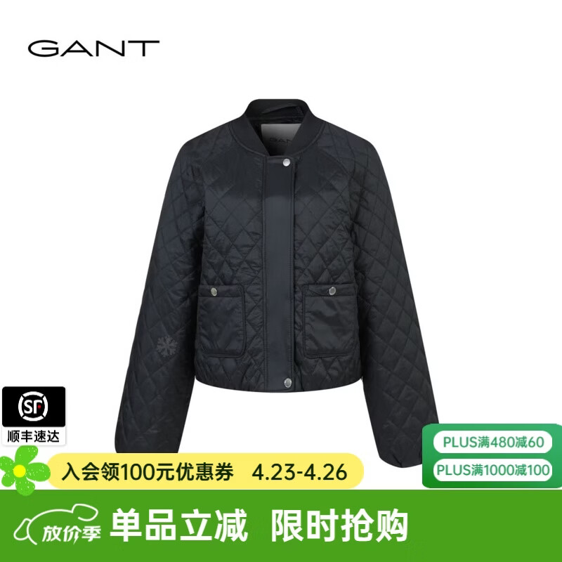 GANT/甘特2024冬季新款女士宽松简约纯色菱格休闲棒球领棉服外套 500-黑色 2XL