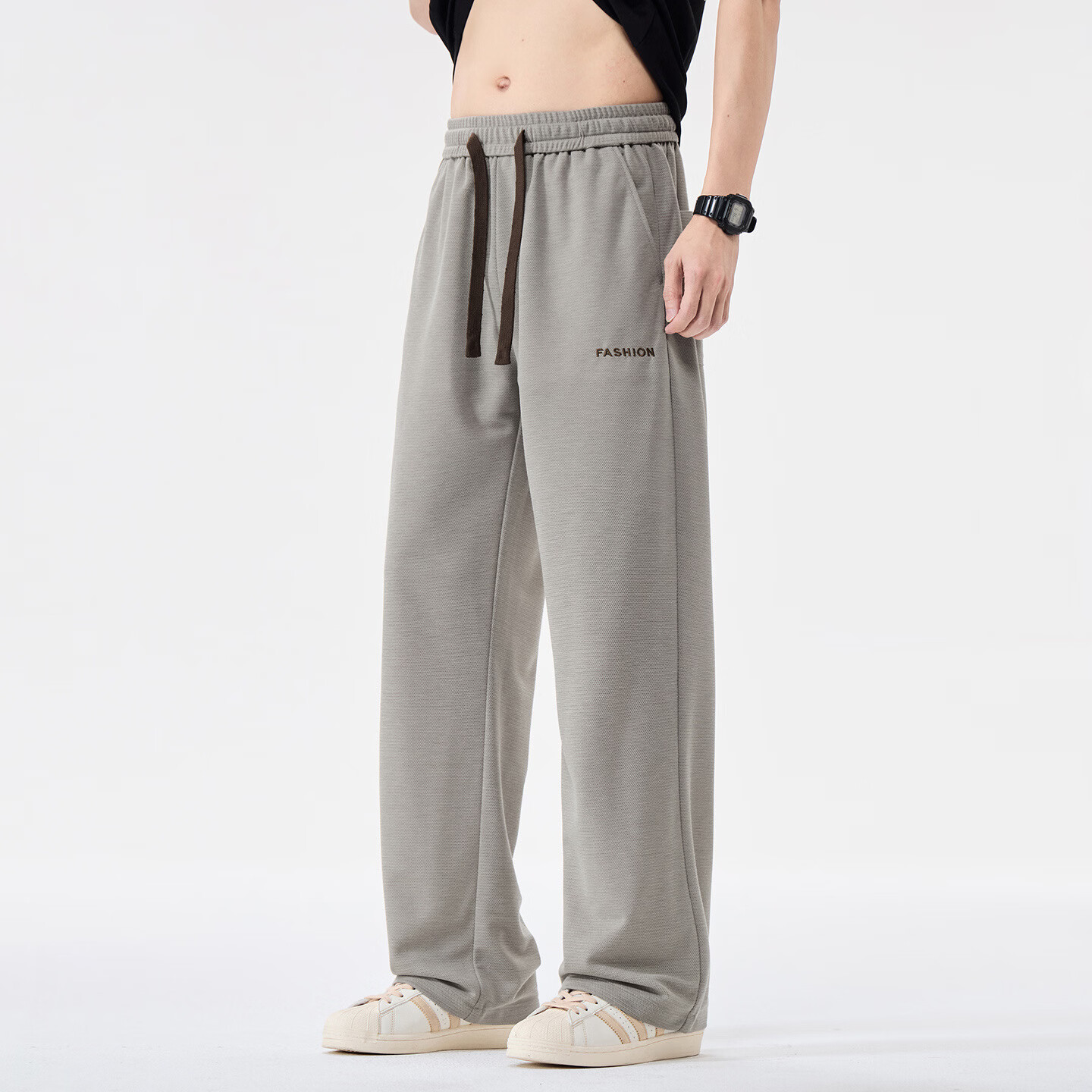 夏季薄款刺绣男士休闲裤百搭宽松直筒裤透气舒适松紧腰垂感裤sph 卡其色 XL 【建议体重125-145斤】