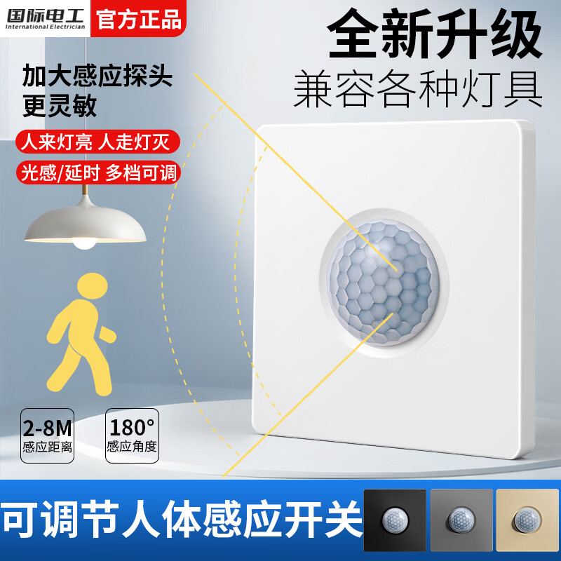 国际电工86型人体感应开关面板220V家用楼道车库LED灯可调节带延时感应器 【暗装】白色二线可调