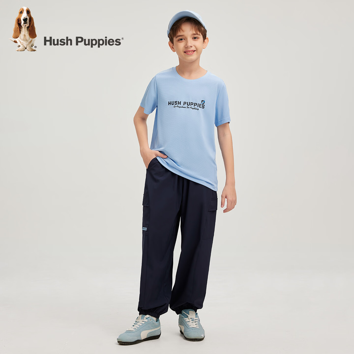 暇步士(Hush Puppies)童装儿童男女童2026春夏新款休闲简约舒适帅气吸湿速干圆领衫T恤 雨釉蓝 160 cm