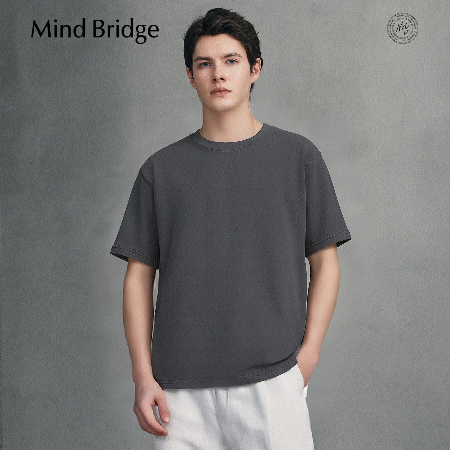 Mind Bridge【重磅纯棉】2026年夏季圆领T恤男女同款休闲纯色短袖 奶蓝 2XL 185/2XL