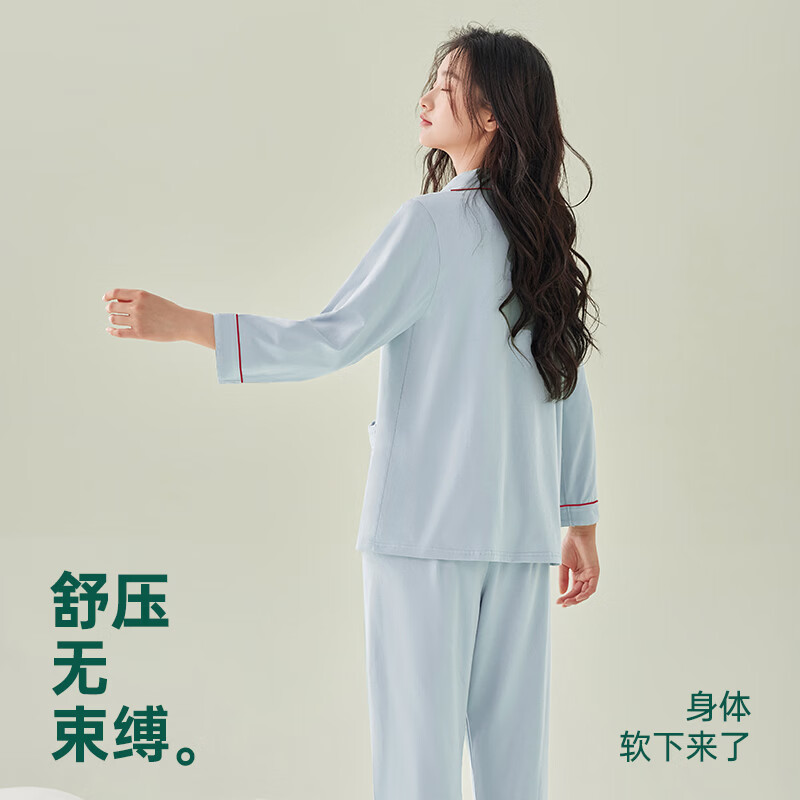 安之伴【巨柔软】100%纯棉睡衣女款春秋季刺绣开衫翻领家居服 牛仔兰【超柔软-舒适好眠】 S