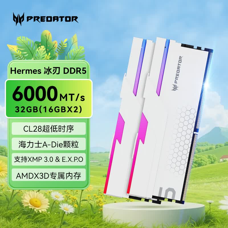 宏碁掠夺者（PREDATOR）32G(16G×2)套装 DDR5 6000频率 台式机内存条 Hermes冰刃系列 RGB灯条(C28) 白色 AI电脑配件