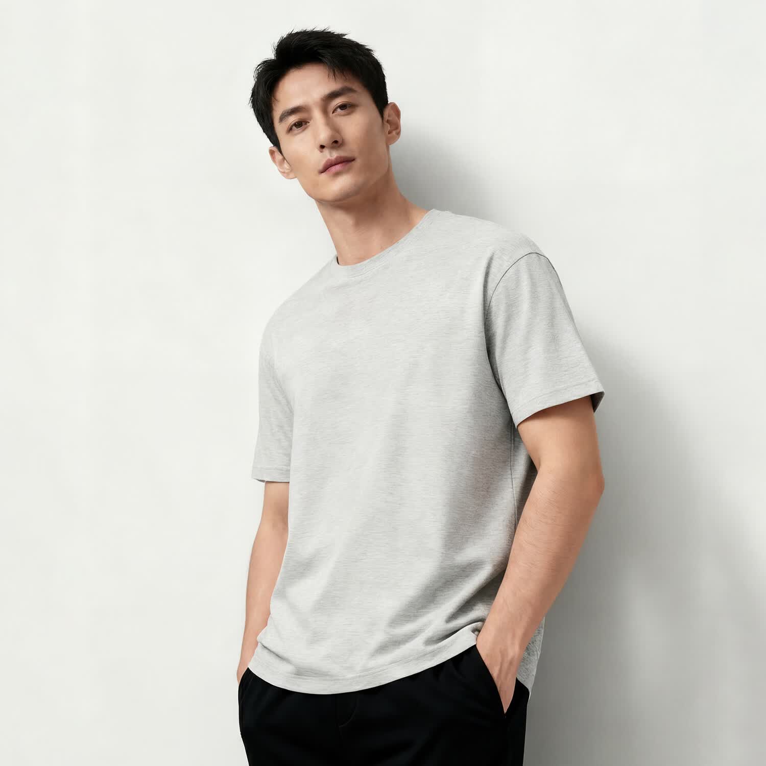 MARKLESS100%纯棉t恤男士夏季宽松百搭纯色短袖圆领上衣5630 浅麻灰 L